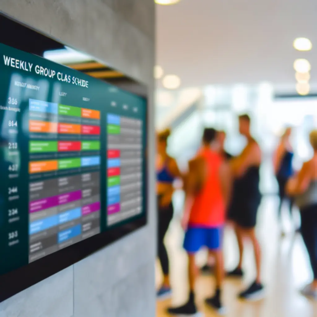Digitális kijelzőn megjelenített csoportos órarend a FitZoone recepción
