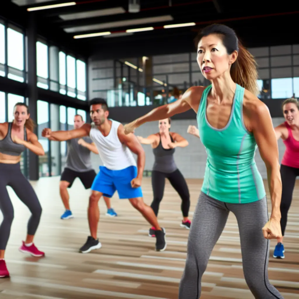 Edző vezet csoportos órát, motiváló, lendületes hangulatban