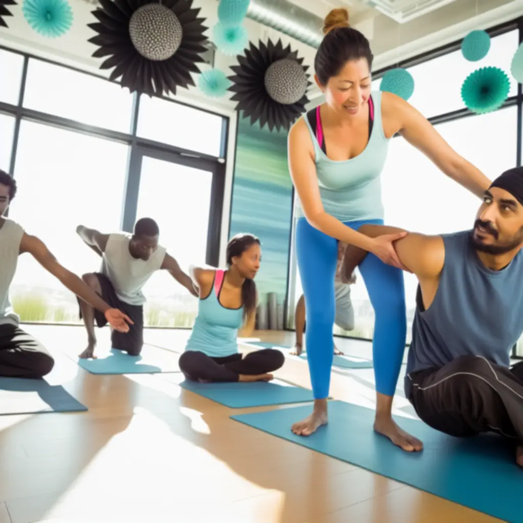 Jóga Flow óra a FitZoone modern termében, vendégek nyújtó pózban